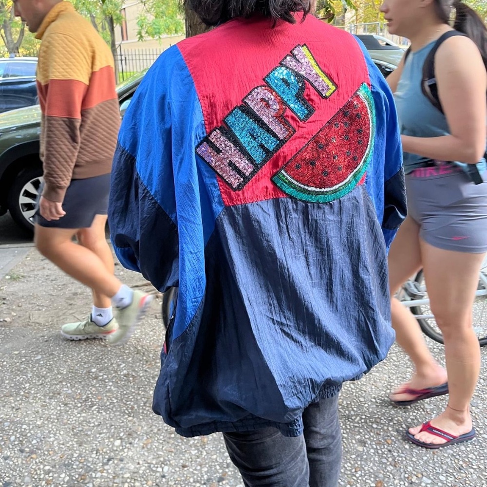 Retro blue and red windbreaker with sequins